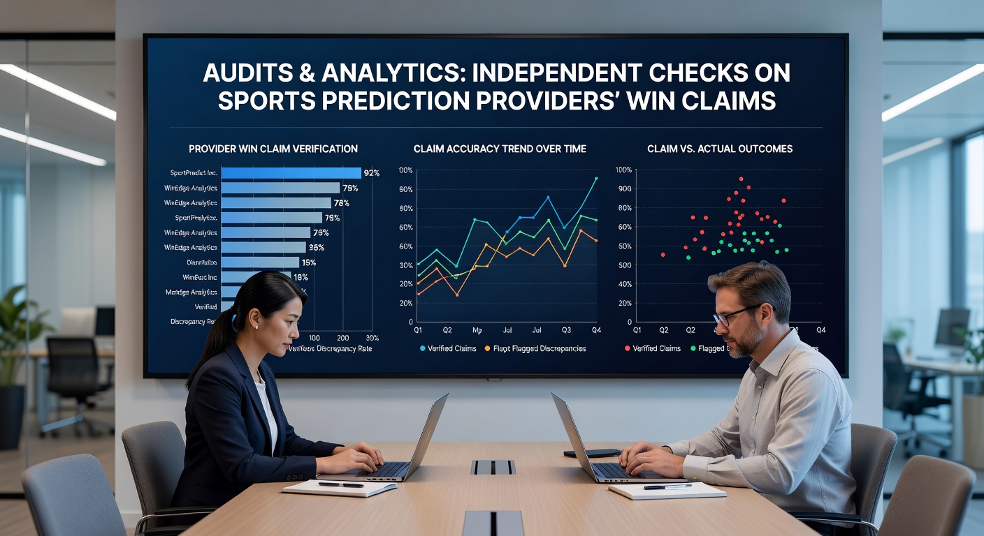 Grafik, die unabhängige Audits und Analytics-Tools bei der Überprüfung von Gewinnquoten von Sportprognose-Anbietern visualisiert, mit Diagrammen zu Erfolgsraten und Prüfprozessen