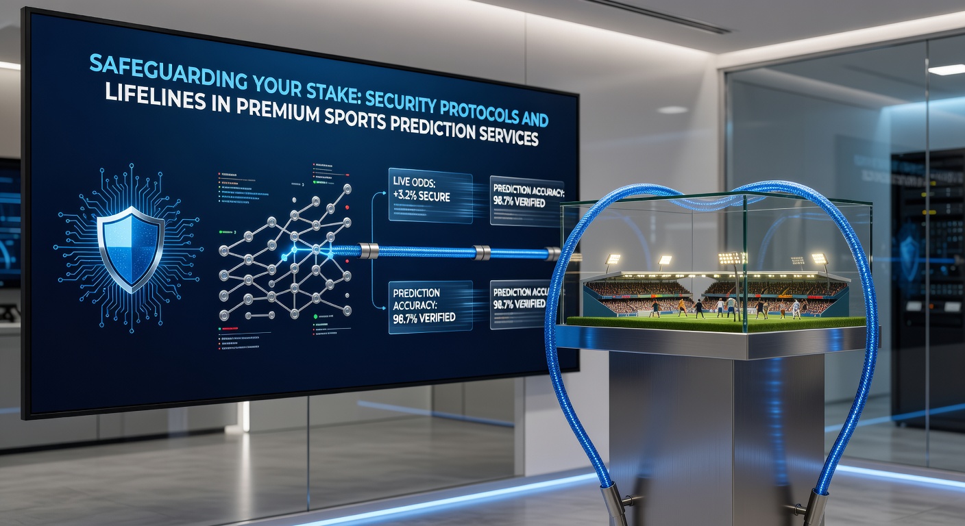 Grafik zeigt verschlüsselte Datenströme und Schutzschilde um Sportwetten-Prognosen, symbolisiert für Sicherheit in Premium-Diensten